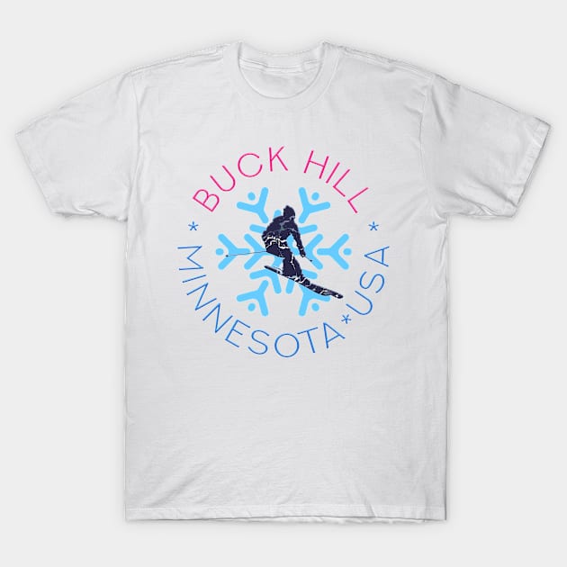 Buck Hill, Minnesota - Man Skier, Blue Snowflake T-Shirt by funfun